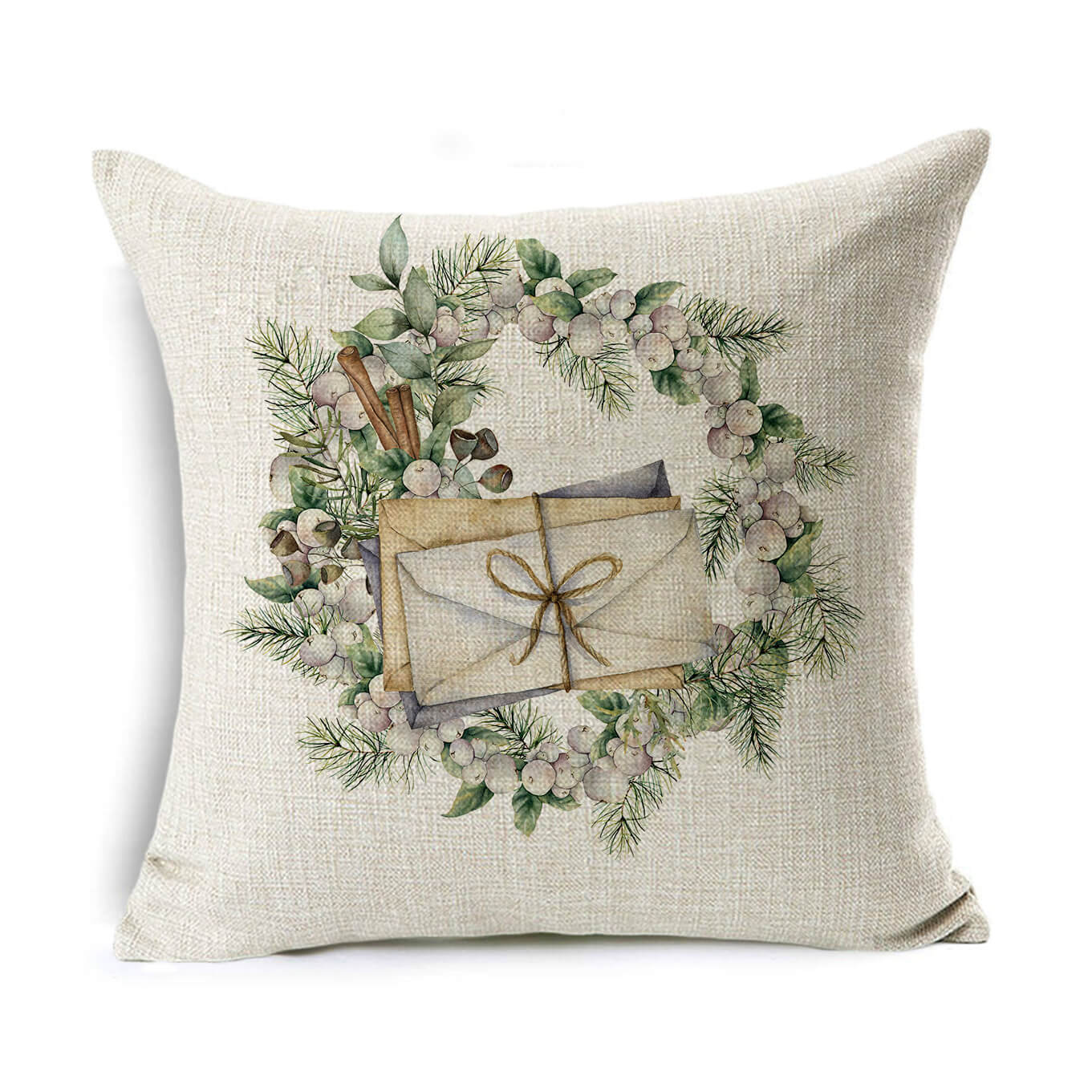 HKM-524307 Linen Christmas Gift Wreath Throw Pillow Cover, 45x45cm, Nordic Style