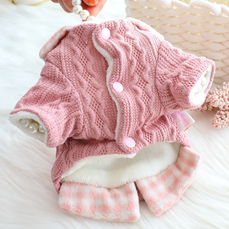 HKM-524819 Warm Fleece-Lined Cotton Dog Sweater in Blue and Pink Wool Plaid Design