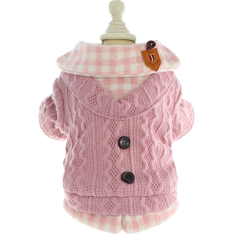HKM-524819 Warm Fleece-Lined Cotton Dog Sweater in Blue and Pink Wool Plaid Design