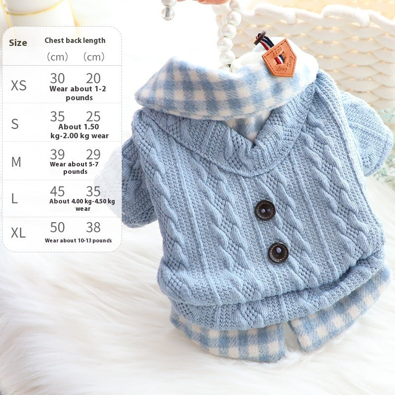 HKM-524819 Warm Fleece-Lined Cotton Dog Sweater in Blue and Pink Wool Plaid Design