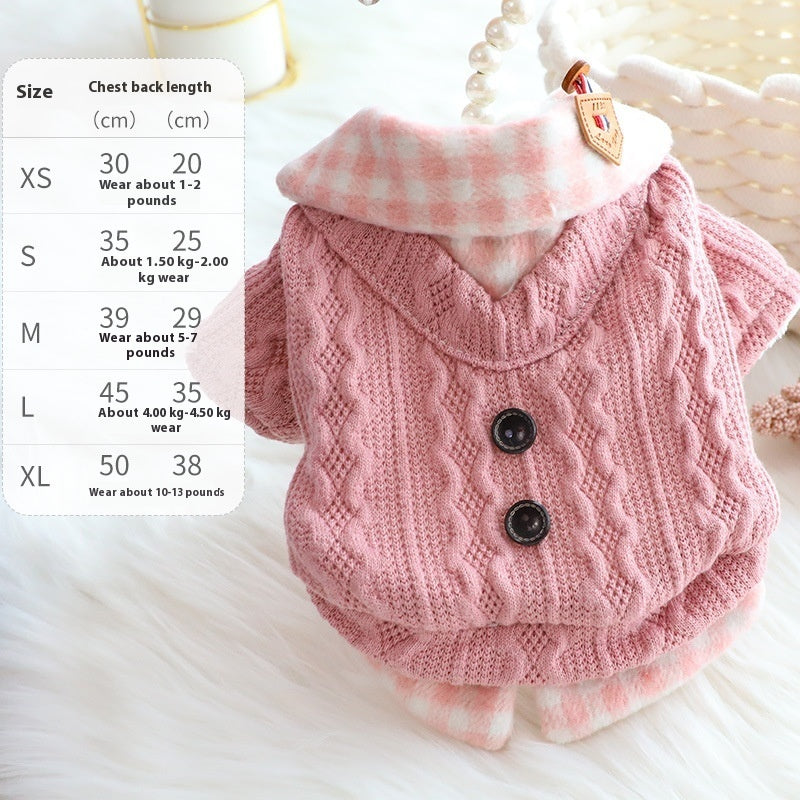HKM-524819 Warm Fleece-Lined Cotton Dog Sweater in Blue and Pink Wool Plaid Design