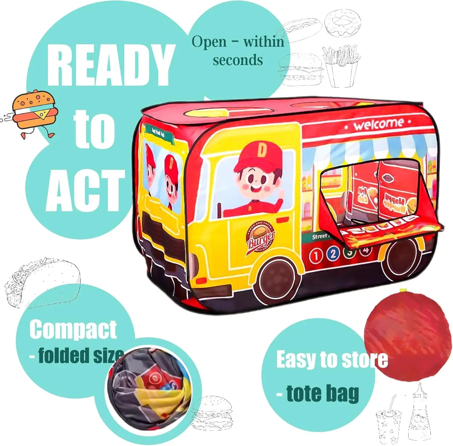 HKM-525203 Food Truck Play Tent for Kids - Inflatable Polyester Playset with Burger Mat for Ages 2-13