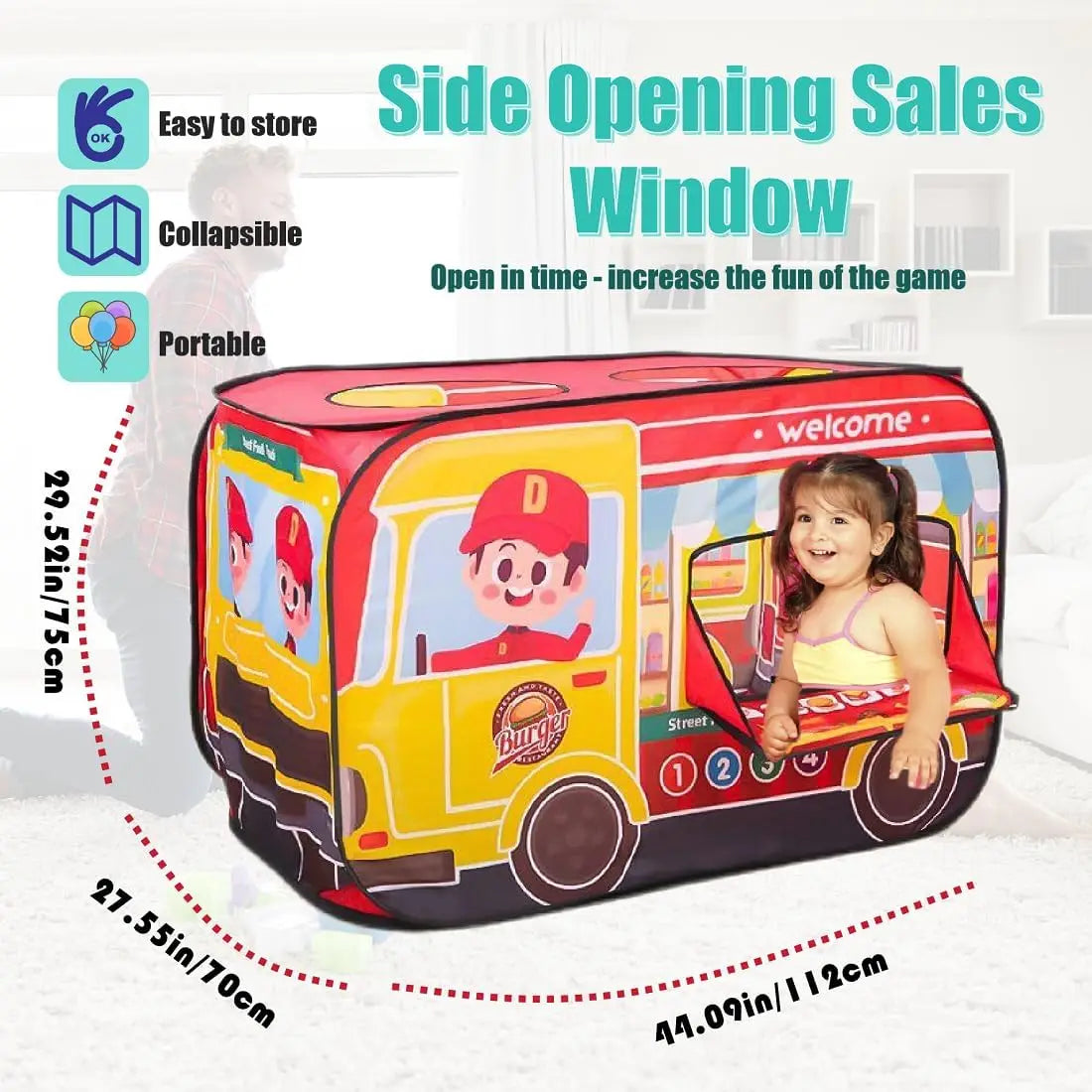 HKM-525203 Food Truck Play Tent for Kids - Inflatable Polyester Playset with Burger Mat for Ages 2-13