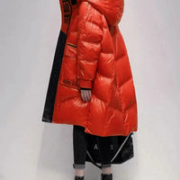 HKM-525395 Polished Black Down Jacket for Women - Ultra-Thin Mid-Length Coat with White Duck Down Filling