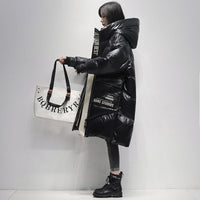 HKM-525395 Polished Black Down Jacket for Women - Ultra-Thin Mid-Length Coat with White Duck Down Filling