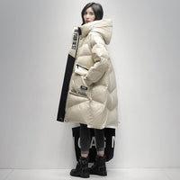 HKM-525395 Polished Black Down Jacket for Women - Ultra-Thin Mid-Length Coat with White Duck Down Filling