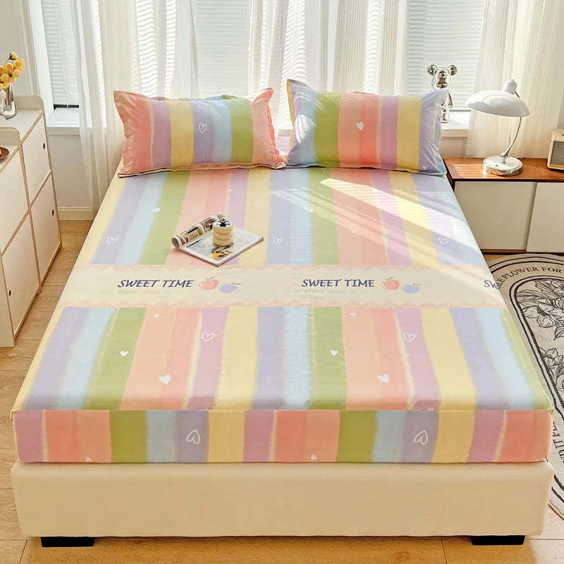 HKM-526547 Three-Piece Dust Mattress Protective Cover Set - Fitted Sheet with Geometric, Cartoon, and Floral Patterns for 1.5m Bed