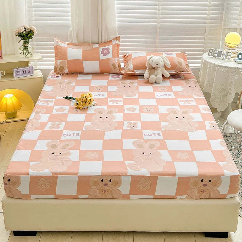 HKM-526547 Three-Piece Dust Mattress Protective Cover Set - Fitted Sheet with Geometric, Cartoon, and Floral Patterns for 1.5m Bed