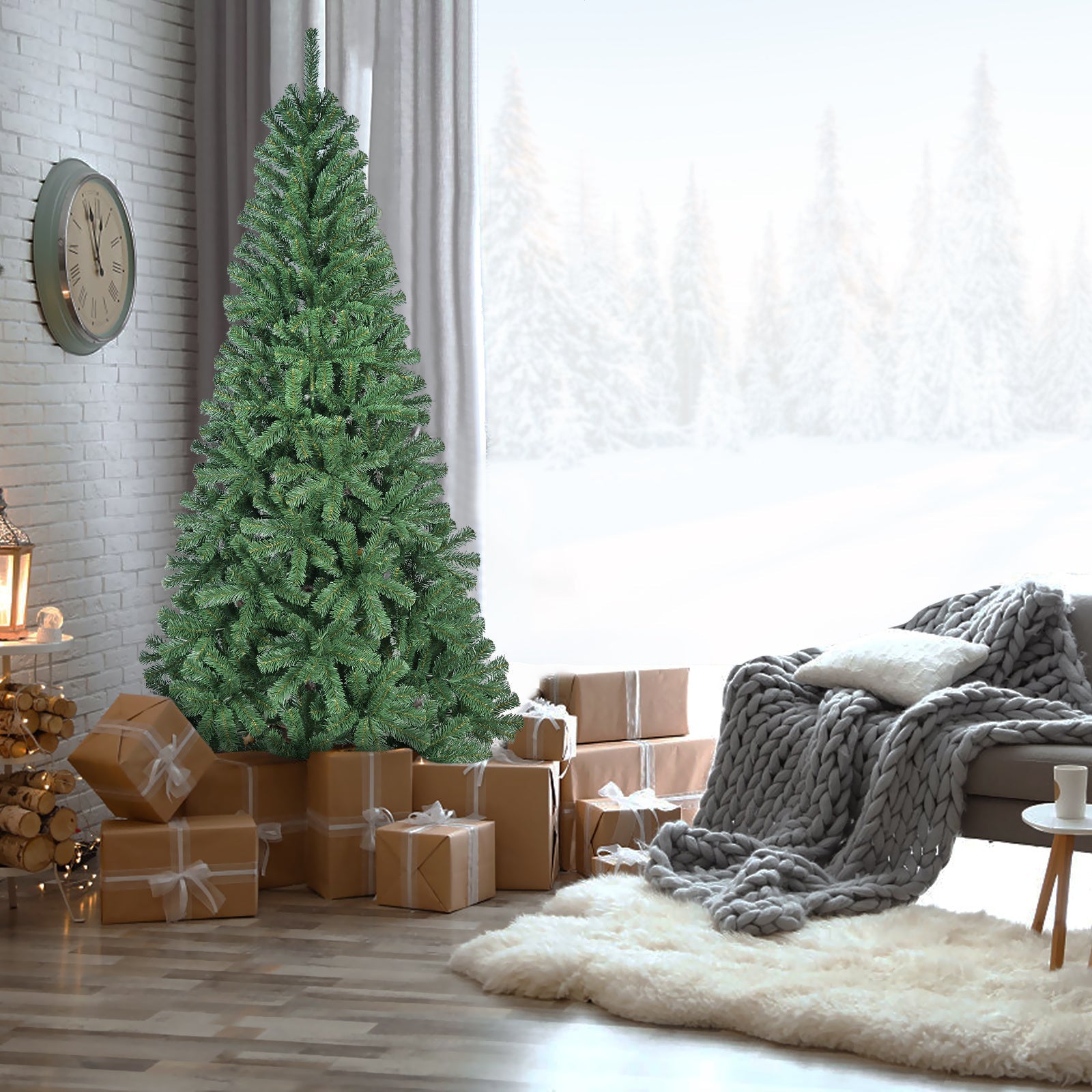 HKM-526675 Unlit Green PVC Christmas Tree with Metal Stand for Indoor Holiday Decor - Available in 5ft, 6ft, 7ft, and 8ft Heights