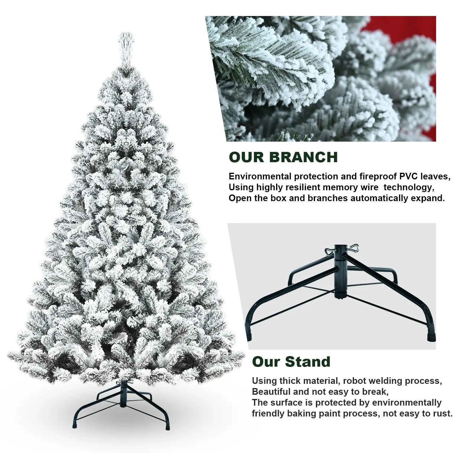 KTX-526995 Eco-Friendly PVC Flocked Artificial Christmas Tree 9ft (180cm) Fireproof Hinged Design for Festive Decorations