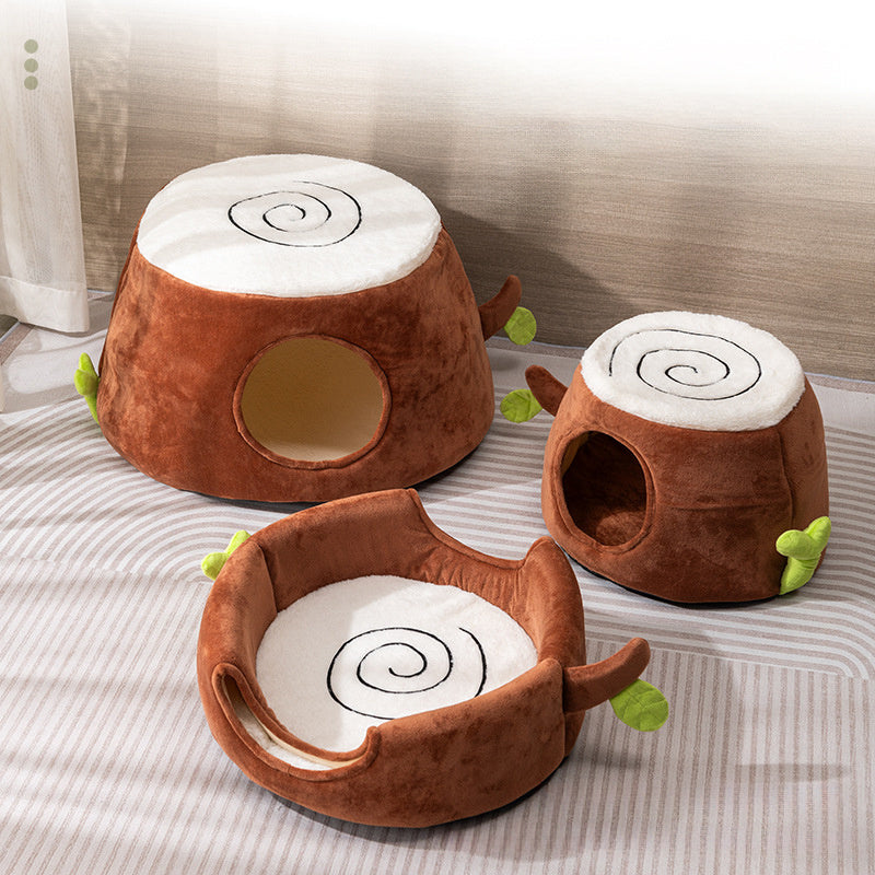 HKM-527187 Transformable Double-Layer Cat Nest with Four-Season Design and Tree Stump Aesthetic
