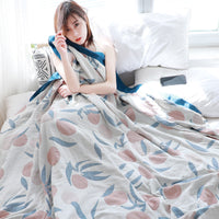 HKM-527379 Cotton Four-Layer Gauze Towel Blanket with Floral and Plant Design, Available in Multiple Sizes
