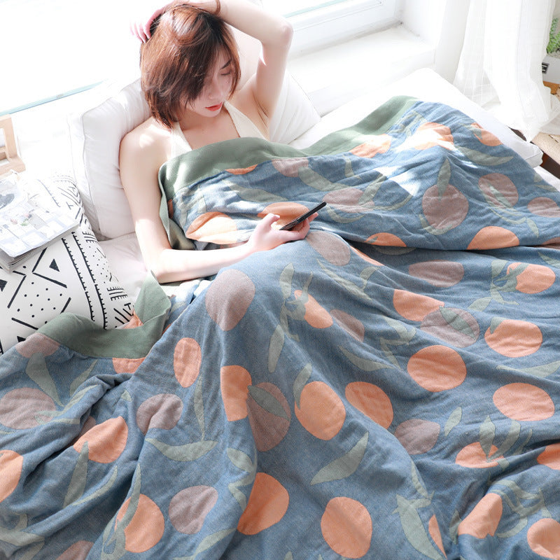 HKM-527379 Cotton Four-Layer Gauze Towel Blanket with Floral and Plant Design, Available in Multiple Sizes