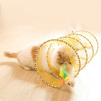 HKM-527379 Foldable Cat Tunnel with Steel Wire, Elastic Mesh, and Feather - Available in Blue and Yellow, 65cm Long