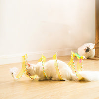 HKM-527379 Foldable Cat Tunnel with Steel Wire, Elastic Mesh, and Feather - Available in Blue and Yellow, 65cm Long