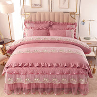 HKM-528851 Cotton Quilted Lace Bedspread Set – Full Size with Bed Skirt, Duvet Cover, and Pillowcases