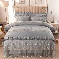 HKM-528851 Cotton Quilted Lace Bedspread Set – Full Size with Bed Skirt, Duvet Cover, and Pillowcases
