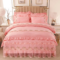 HKM-528851 Cotton Quilted Lace Bedspread Set – Full Size with Bed Skirt, Duvet Cover, and Pillowcases