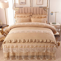 HKM-528851 Cotton Quilted Lace Bedspread Set – Full Size with Bed Skirt, Duvet Cover, and Pillowcases