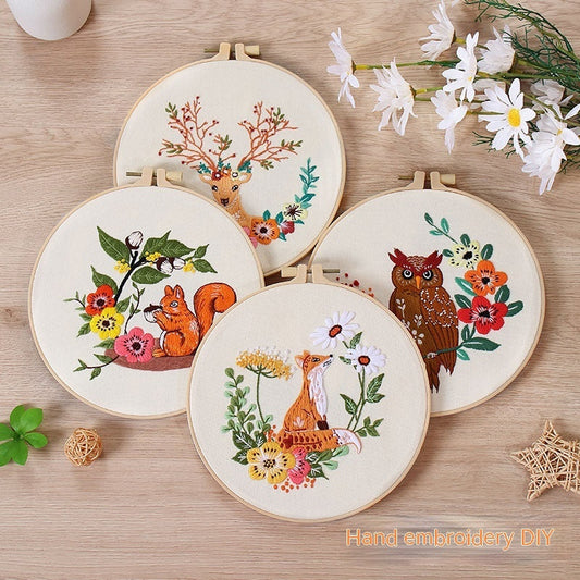 HKM-529683 Handmade Embroidery Material Package featuring Squirrel, Owl, Fox, Cat, and Elk Designs with Cotton Fabric