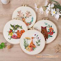 HKM-529683 Handmade Embroidery Material Package featuring Squirrel, Owl, Fox, Cat, and Elk Designs with Cotton Fabric