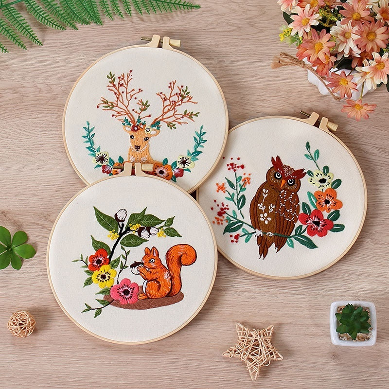 HKM-529683 Handmade Embroidery Material Package featuring Squirrel, Owl, Fox, Cat, and Elk Designs with Cotton Fabric