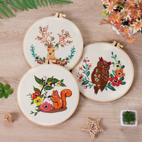 HKM-529683 Handmade Embroidery Material Package featuring Squirrel, Owl, Fox, Cat, and Elk Designs with Cotton Fabric