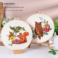 HKM-529683 Handmade Embroidery Material Package featuring Squirrel, Owl, Fox, Cat, and Elk Designs with Cotton Fabric