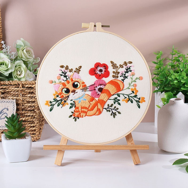 HKM-529683 Handmade Embroidery Material Package featuring Squirrel, Owl, Fox, Cat, and Elk Designs with Cotton Fabric