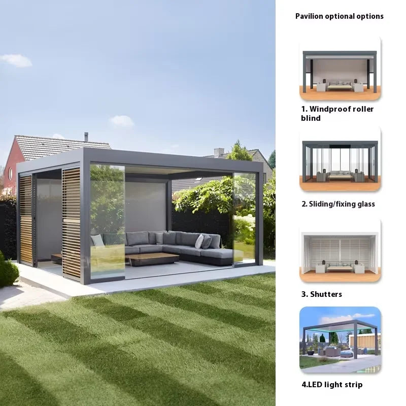 KTX-530195 Aluminium Motorized Outdoor Pergola with Adjustable Louvers for Sun and Rain Protection