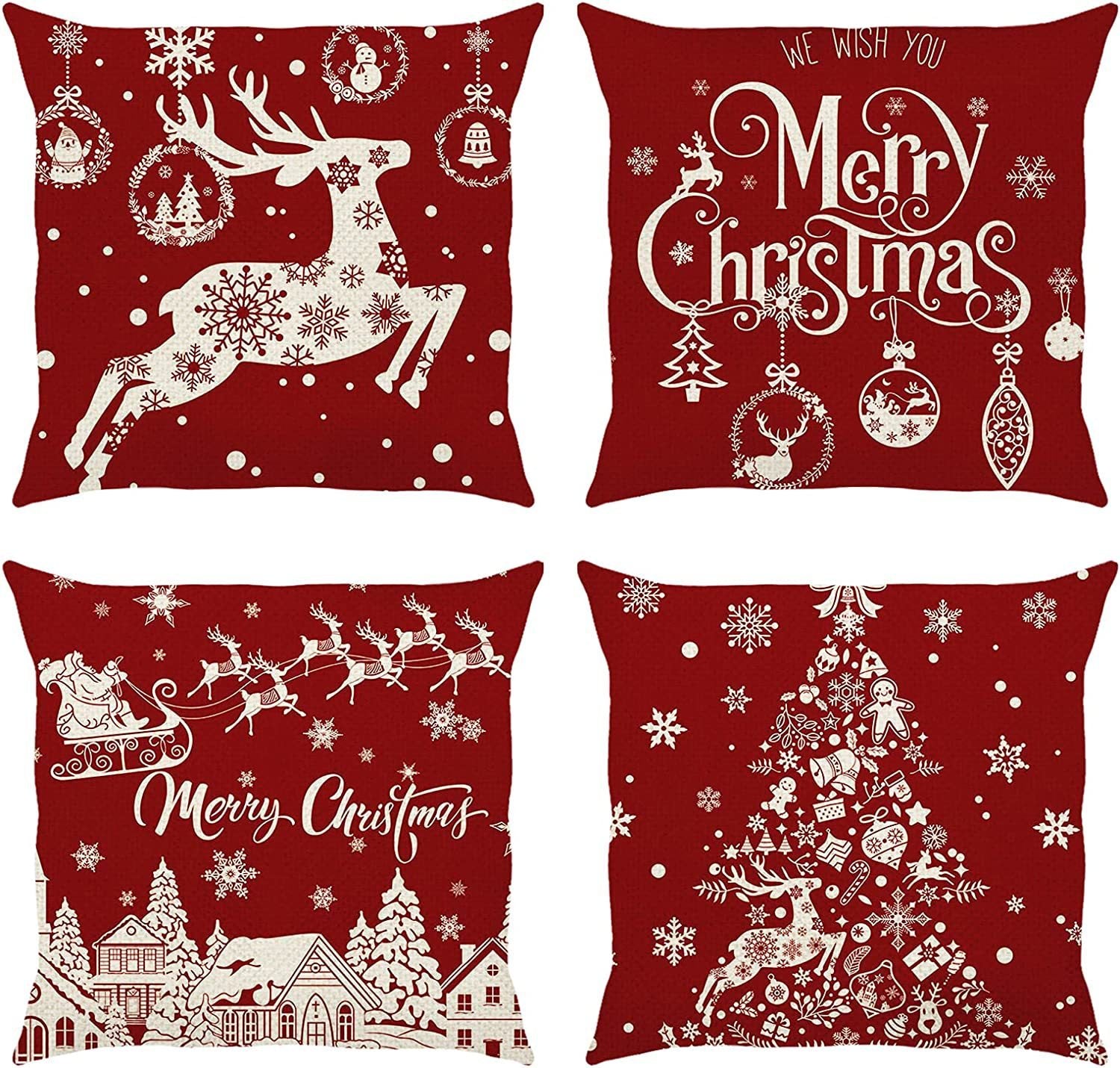 KTX-530515 Christmas Red Cartoon Pillow Cover 45x45cm Nordic Style Linen Set of 4