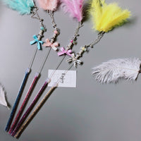 HKM-530515 Handmade Cowhide Cat Stick Toy in Blue, Pink, Purple, and Yellow