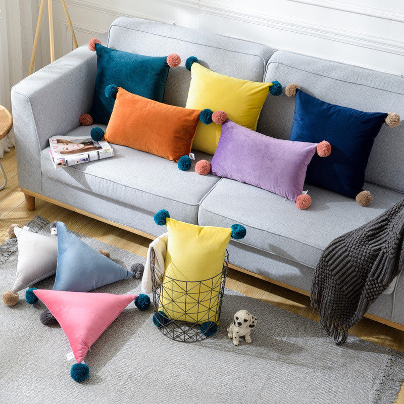 HKM-530899 Pure Color Wool Ball Pillowcase in Italian Velvet - Soft, Cozy Cushion Cover for Living Room, Bedroom, Dining Room, and Children's Room