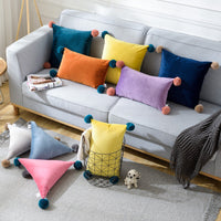 HKM-530899 Pure Color Wool Ball Pillowcase in Italian Velvet - Soft, Cozy Cushion Cover for Living Room, Bedroom, Dining Room, and Children's Room