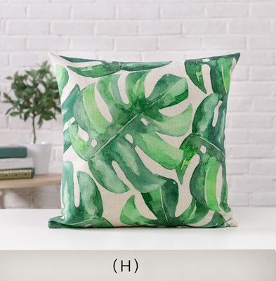 HKM-530963 Hand-painted Tropical Green Leaf Pillowcase, Linen, 45x45cm, Floral Pastoral Design