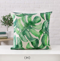 HKM-530963 Hand-painted Tropical Green Leaf Pillowcase, Linen, 45x45cm, Floral Pastoral Design