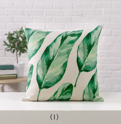 HKM-530963 Hand-painted Tropical Green Leaf Pillowcase, Linen, 45x45cm, Floral Pastoral Design