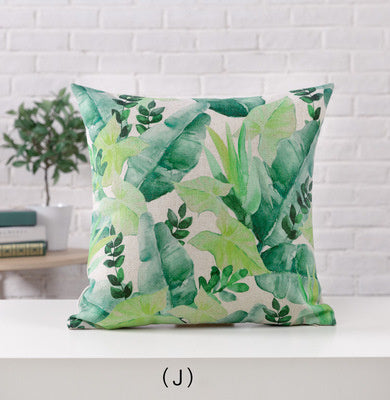 HKM-530963 Hand-painted Tropical Green Leaf Pillowcase, Linen, 45x45cm, Floral Pastoral Design
