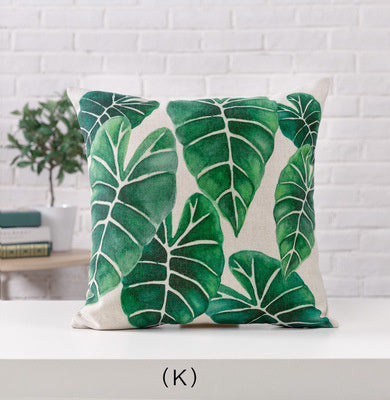 HKM-530963 Hand-painted Tropical Green Leaf Pillowcase, Linen, 45x45cm, Floral Pastoral Design