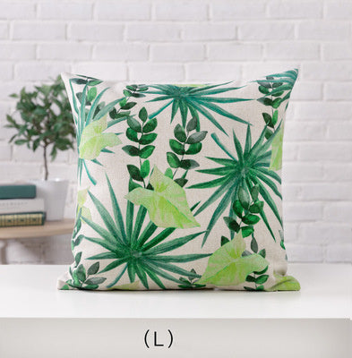 HKM-530963 Hand-painted Tropical Green Leaf Pillowcase, Linen, 45x45cm, Floral Pastoral Design