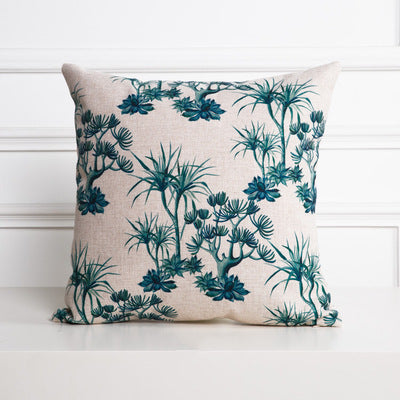 HKM-530963 Hand-painted Tropical Green Leaf Pillowcase, Linen, 45x45cm, Floral Pastoral Design