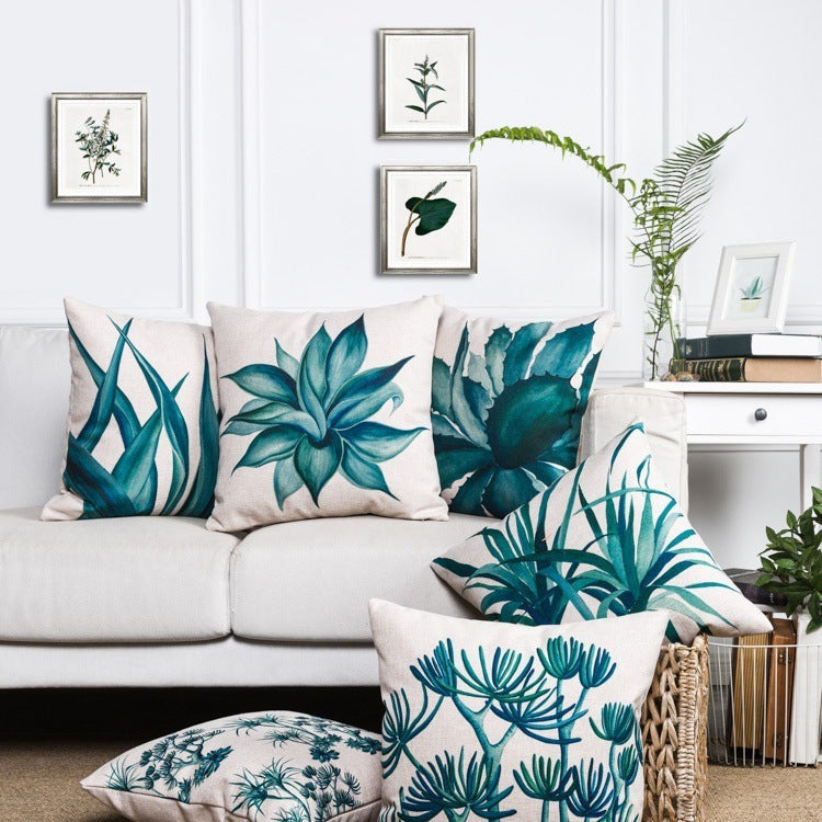 HKM-530963 Hand-painted Tropical Green Leaf Pillowcase, Linen, 45x45cm, Floral Pastoral Design