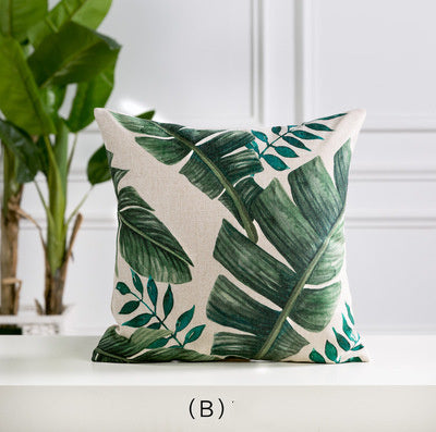 HKM-530963 Hand-painted Tropical Green Leaf Pillowcase, Linen, 45x45cm, Floral Pastoral Design