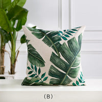 HKM-530963 Hand-painted Tropical Green Leaf Pillowcase, Linen, 45x45cm, Floral Pastoral Design