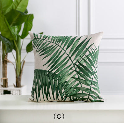 HKM-530963 Hand-painted Tropical Green Leaf Pillowcase, Linen, 45x45cm, Floral Pastoral Design
