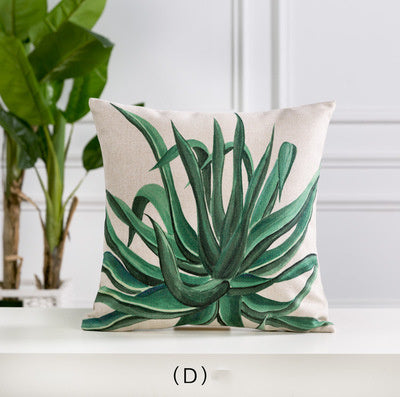 HKM-530963 Hand-painted Tropical Green Leaf Pillowcase, Linen, 45x45cm, Floral Pastoral Design