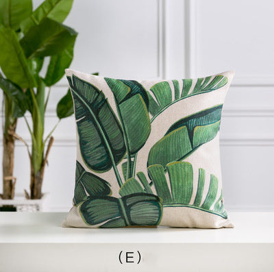 HKM-530963 Hand-painted Tropical Green Leaf Pillowcase, Linen, 45x45cm, Floral Pastoral Design