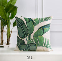 HKM-530963 Hand-painted Tropical Green Leaf Pillowcase, Linen, 45x45cm, Floral Pastoral Design