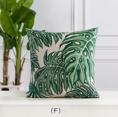 HKM-530963 Hand-painted Tropical Green Leaf Pillowcase, Linen, 45x45cm, Floral Pastoral Design