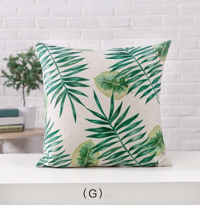 HKM-530963 Hand-painted Tropical Green Leaf Pillowcase, Linen, 45x45cm, Floral Pastoral Design